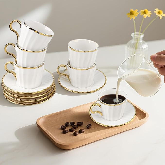 Espresso Cups with Saucers, 3.5 oz Turkish Coffee Cup With Gold Trim, Ceramic Tea Cups for Espresso Cappuccino Latte Mocha, Idea Gift, Dishwasher & Microwave Safe (Gold)