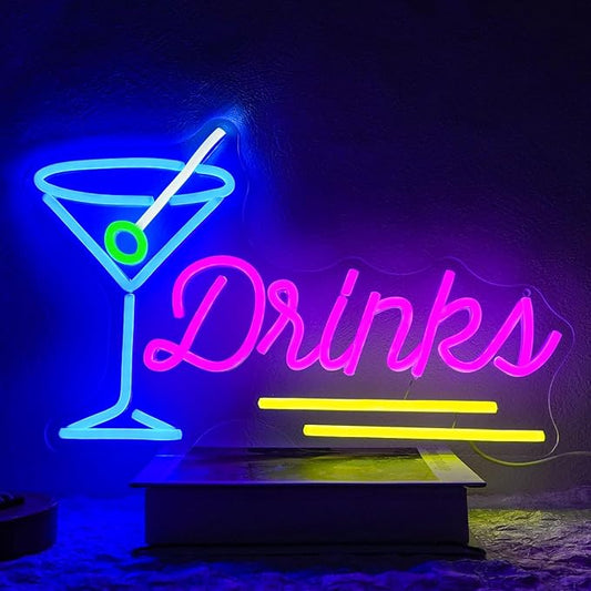 Drinks Neon Sign Dimmable Cocktail Neon Light Sign for Wall Decor Blue Pink Letters Led Signs for Bar Party Man Cave Pub Restaurant Bistro Room Decor Gift for Boys 16.5" x 10.2"