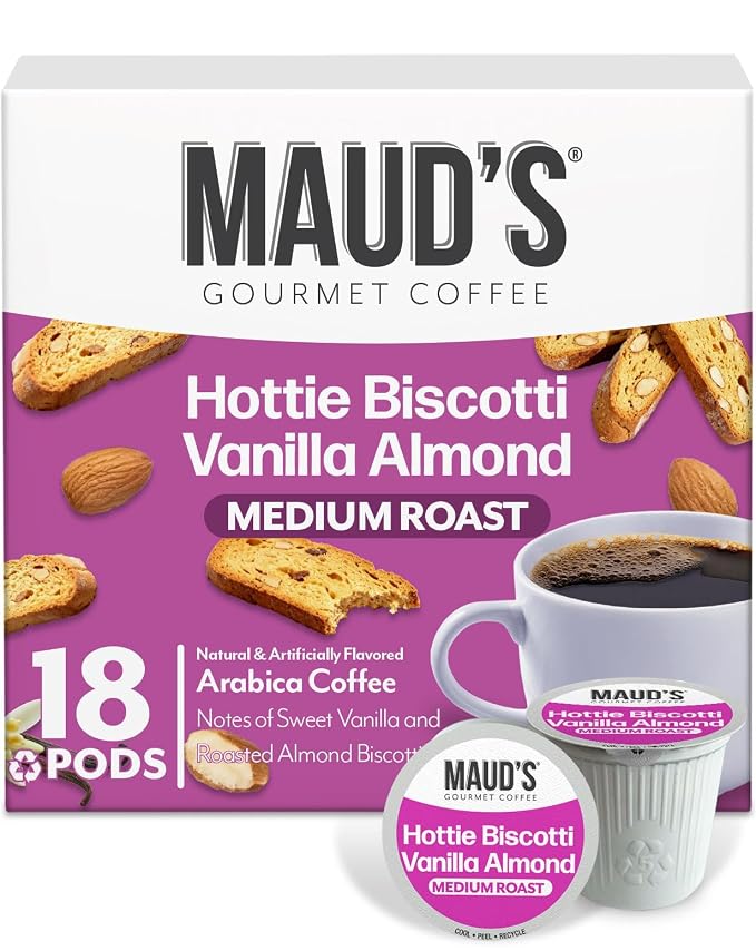Maud's Almond Biscotti Flavored Coffee Pods, 18 ct, Medium Roast Flavored Coffee in Single Serve Pods – 100% Arabica Beans, Compatible with Keurig K Cups Maker by MAUDSCOFFEETEA