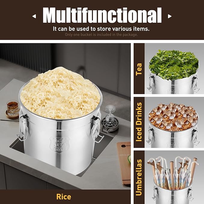 304 Stainless Steel Airtight Canister, Kitchen Metal Food Storage Canisters w/Airtight Lid & Locking Clamp, Cereal Container for Rice Flour Milk Coffee Bean, Silver (33L)