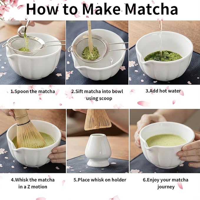 8 Pcs Matcha Whisk Set, HTRCXB Matcha Set with Ceramic Bowl, Bamboo Whisk & Holder, Scoop, Sifter, Measuring Spoon, Scoop Rest & Tea Towel, Complete Set for Beginners & Tea Lovers (Ceramic, White)