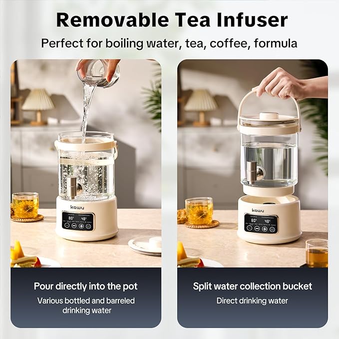 Kawu 2.5L Electric Water Boiler & Warmer, 7-in-1 Glass Tea Kettle with Temperature Control, 24H Keep Warm, Stainless Steel Spout Hot Water Dispenser for Tea, Coffee, BPA Free