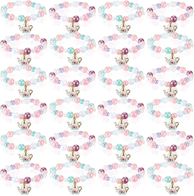 Ecally 24 Pcs Tea Party Favors Bracelet Bulk Tea Pot Beaded Bracelet Party Supplies Pendant Accessories Decorations for Kids Girl