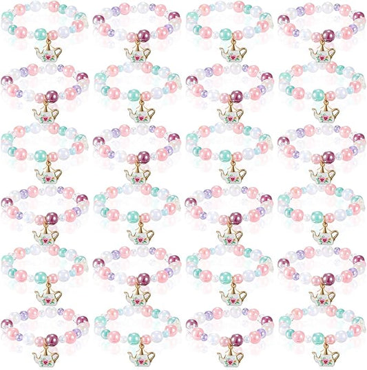 Ecally 24 Pcs Tea Party Favors Bracelet Bulk Tea Pot Beaded Bracelet Party Supplies Pendant Accessories Decorations for Kids Girl