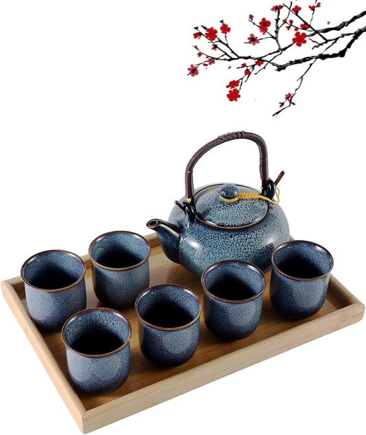 DUJUST Japanese Tea Set for 6, Kiln Altered Glaze Porcelain Tea Set with 1 Teapot, 6 Tea Cups & 1 Tea Tray, Unique Chinese Tea Sets for Adults/Tea Lovers/Women/Men, Blue