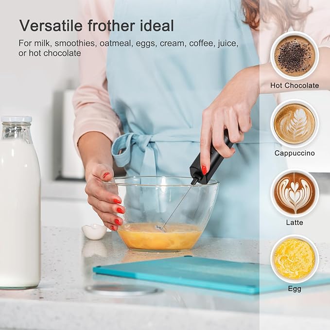 Portable Coffee Frother by ELMWAY, Battery Operated Electric Whisk, Mini Milk Frother Handled for Coffee, Latte, Matcha and Protein Powder - Black