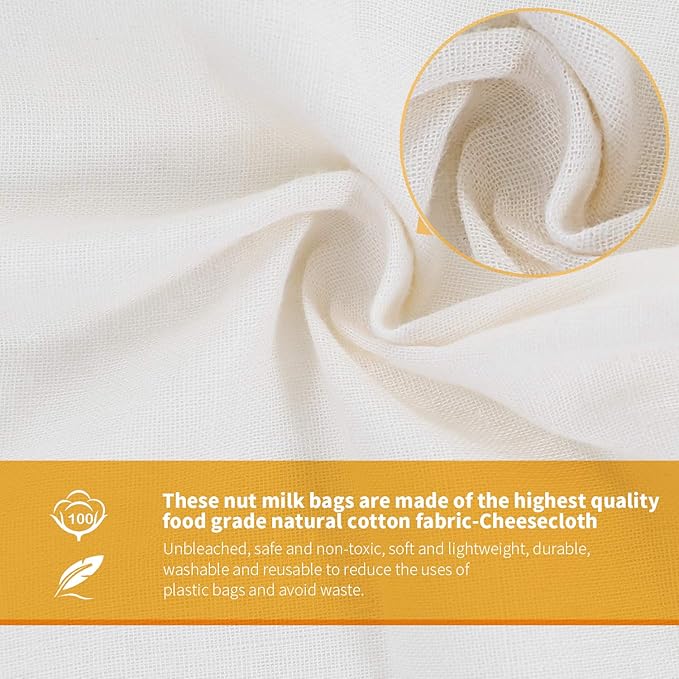 Nut Milk Bags, All Natural Cheesecloth Bags, 12"x12", 5 Pack, 100% Unbleached Cotton Cloth Bags for Tea/Yogurt/Juice/Wine/Soup/Herbs, Durable Washable Reusable Almond Milk Strainer(Weave 66x70)