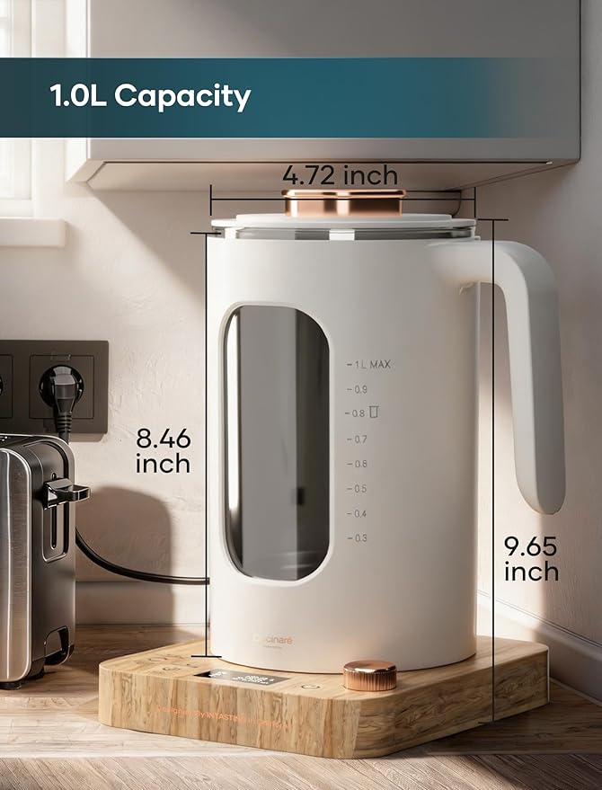 Electric Tea Kettle, Electric Kettle with Tea Infuser, ±1℉ Knob Temperature Control, BPA-Free Glass, 1200W Fast Heating, Easy to Clean, 1 Liter (Cream White)