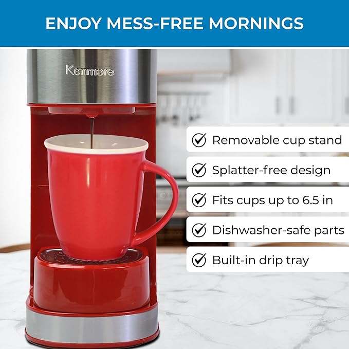 Kenmore Single Serve Coffee Maker – 6–14 Oz Brew Sizes, Compatible with Keurig K‑Cup Pods & Ground Coffee, One Cup Brewer, Travel Mug Friendly, Auto Shut‑Off, Hot & Iced maquina de cafe, Red