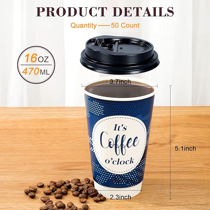 Disposable Coffee Cups with Lids 16 oz, 50 Pack Double-Walled Fun Designs, Insulated, Hot Beverage Paper Cups for Cold & Hot Drinks