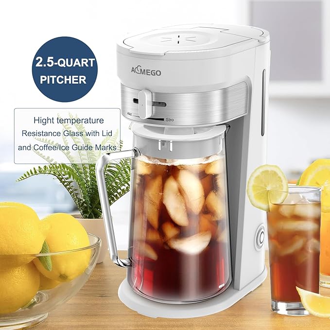 Iced Tea Maker, Brewing System with 2.5-quart Glass Pitcher, sliding strength selector, Stainless Steel Decoration, Reusable Filter（white）