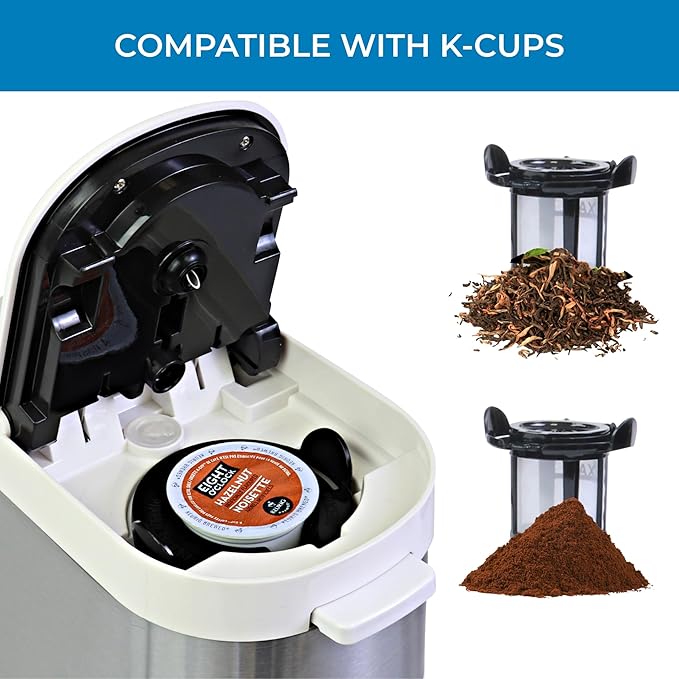 Kenmore Single Serve Coffee Maker – 6–14 Oz Brew Sizes, Compatible with Keurig K‑Cup Pods & Ground Coffee, One Cup Brewer, Travel Mug Friendly, Auto Shut‑Off, Hot & Iced maquina de cafe, White