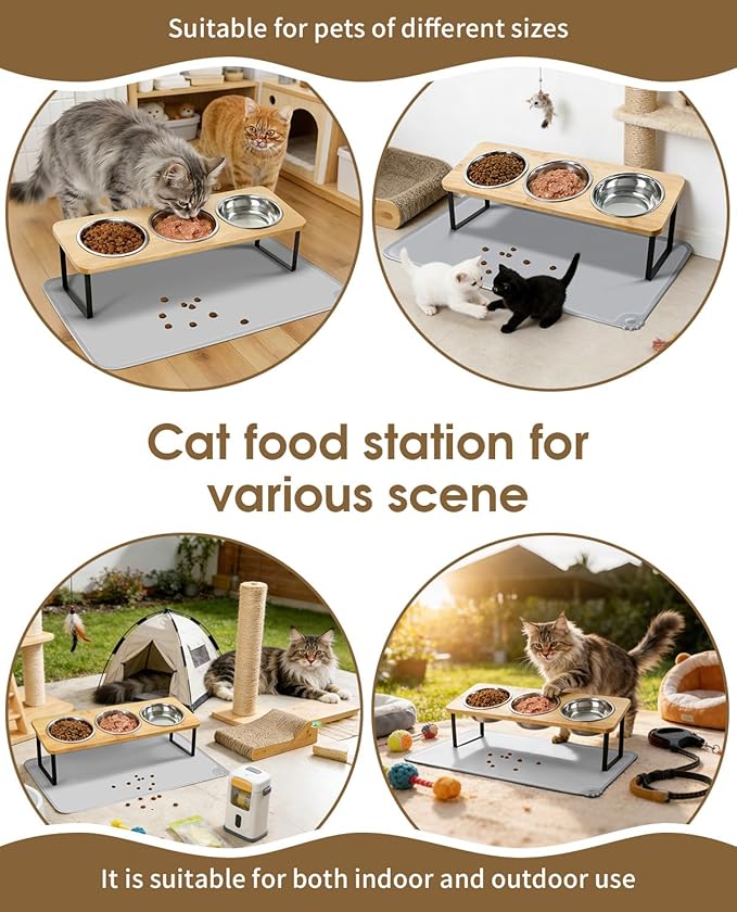 Elevated Cat Bowls, 15°Tilted Raised Cat Food Bowls with Mat, Cat Food and Water 3 Stainless Steel Bowl Set for Indoor, Anti-Vomiting, Whisker Fatigue.