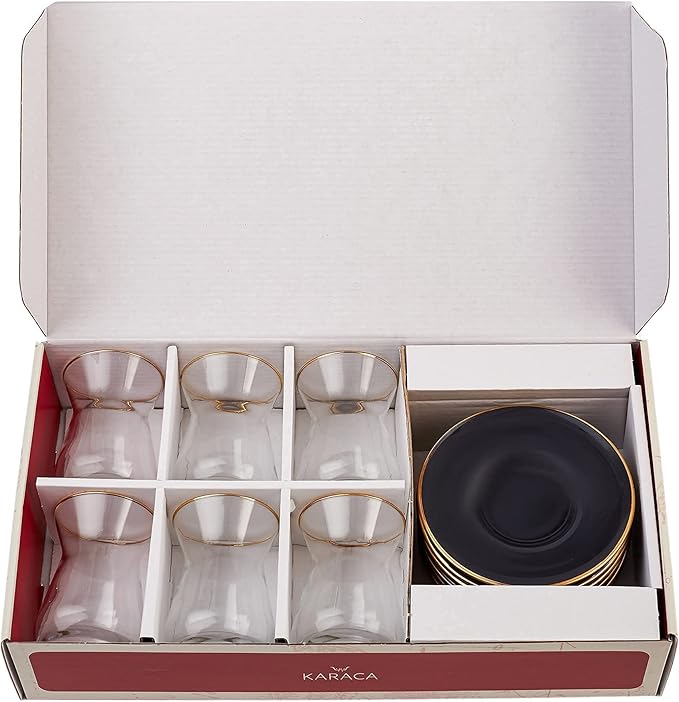 KARACA Turkish Tea Glasses Set for 6, 12-Piece Retro Anthracite Tea Set with Gold Trim, Traditional Turkish Tea Cups, Clear Glass Serving Set for Home & Entertaining