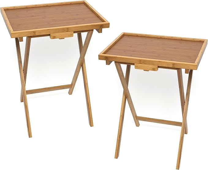 Lipper International Bamboo Wood Lipped Folding Snack Table Trays for Kitchen, Home, Office and Playroom, Set of 2