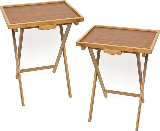 Lipper International Bamboo Wood Lipped Folding Snack Table Trays for Kitchen, Home, Office and Playroom, Set of 2