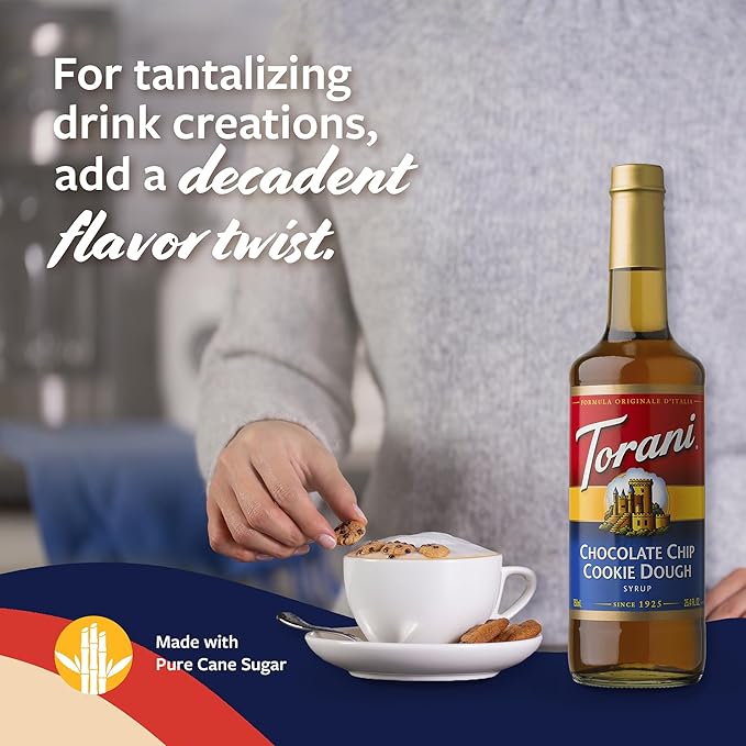 Torani Coffee Syrup, Chocolate Chip Cookie Dough Flavored Syrup for Drinks, Glass Bottle with Pump Included, 25.4 Fl Oz