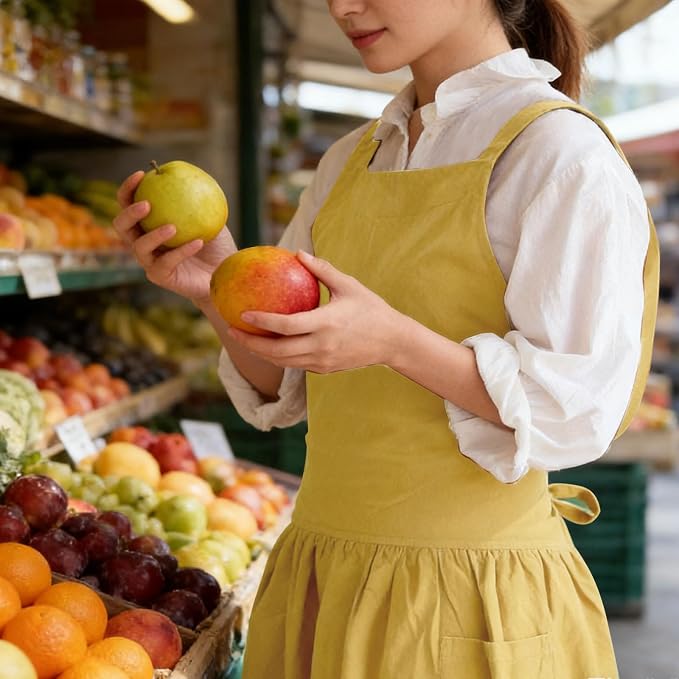 Cotton Linen Cross Back pinafore Apron Dress for Women with Pockets for Cooking Cleaning - Crossback Apron - Yellow - with Waist Ties - Image 4