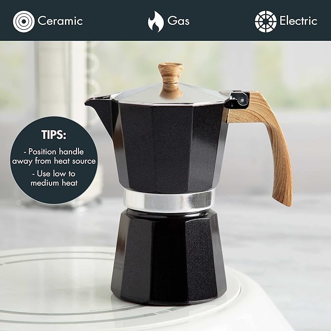 Primula Aluminum Stove Top Espresso Coffee Maker, Percolator Coffee Pot for Moka, Cuban Coffee, Cappuccino, Latte and more, Perfect for Camping, 6 Cup, Black