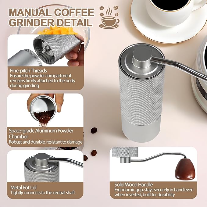 Non-Detachable Manual Coffee Grinder with 25 Level Stainless Steel Conical Burr Portable Aluminum Coffee Bean Grinder Suitable for Moka Pot Espresso French Press Pour Over Easy Cleaning with Brush