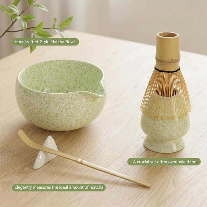 Matcha Whisk Set- 7 Piece Complete Japanes Matcha Set with Ceramic Matcha Bowl (Chawan), Bamboo Whisk (Chasen), Sifter, Whisk Holder, Macha Scoop(Chashaku) & Accessories - Green