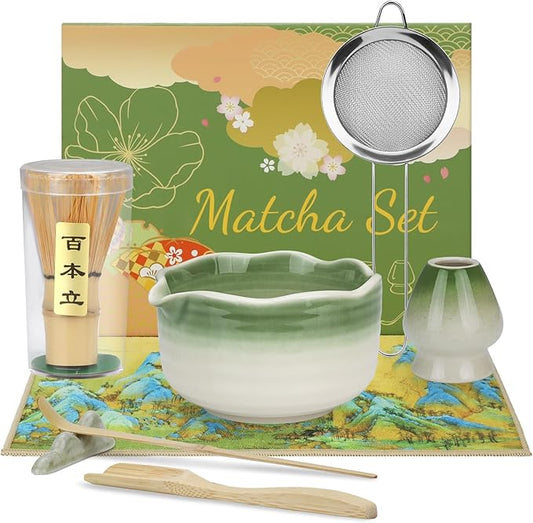 8PCS Matcha Whisk Set, Ceramic Matcha Kit Set, Japanese Tea Ceremony Tools with Matcha Bowl, Spoon, Bamboo Whisk, Holder, Sifter, Tea Cloth, Scoop and Scoop Stand (Dark Green and White)