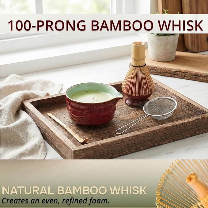 Premium Matcha Whisk Set – 5 Piece Japanese Tea Ceremony Kit | Spouted Ceramic Bowl, Bamboo Whisk, Holder, Scoop, Sifter – Essentials for Smooth Matcha Preparation - Magnetic Gift Box