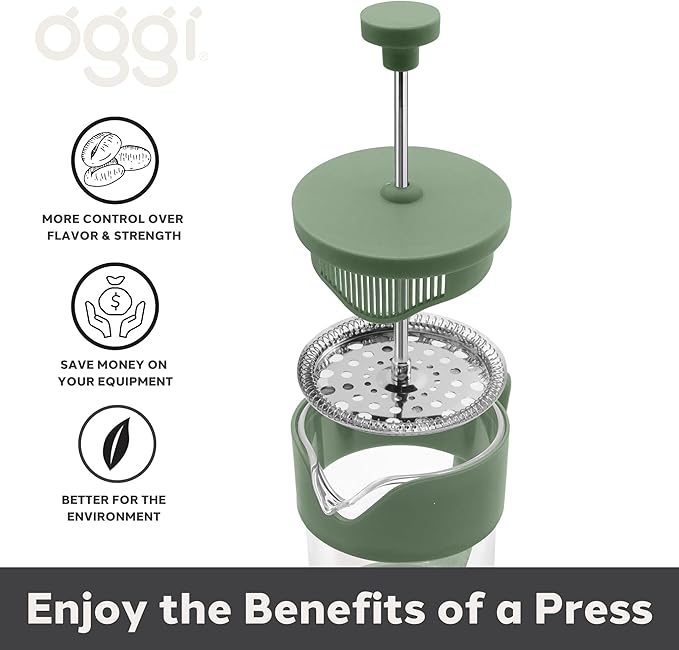Oggi Borosilicate Glass French Press Coffee Maker - 34oz / 8 Cup Capacity, Coffee Press, Single Serve Coffee Maker, Stainless Steel Lid & Plunger, Make Great Coffee Gifts - Green