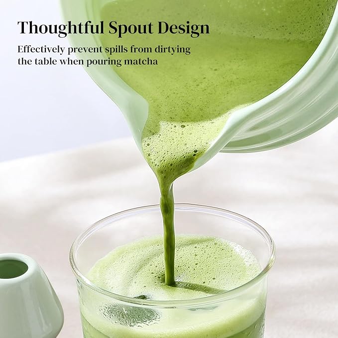 DOWAN Matcha Whisk Set, 7 Pcs Matcha Set Includes Bowl with Spout, Whisk and Holder, Bamboo Scoop and Holder, Sifter and Tea Towel - Matcha Kit Gift for Lovers Beginners (Green)