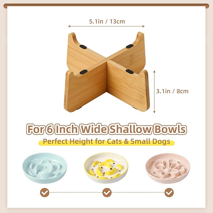 Elevated Slow Feeder Cat Bowls - 2 Ceramic Dishes with 1 Bamboo Stand - Whisker Friendly Shallow Maze Plates for Slower Eating - White & Blue