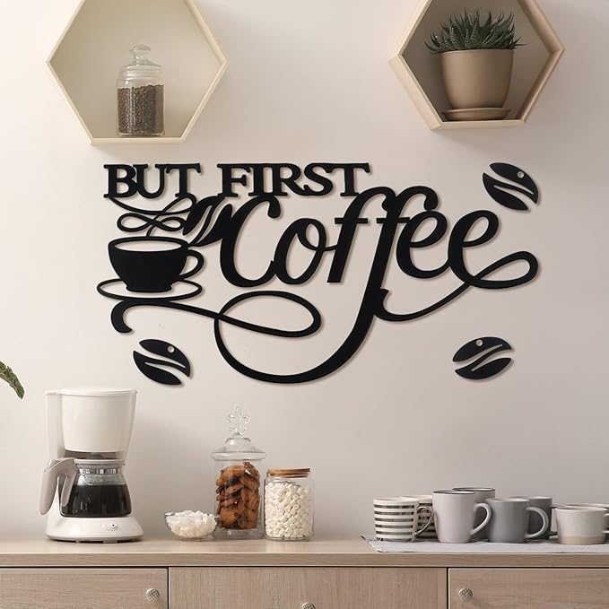 Ferraycle Coffee Bar Decor Metal Rustic Sign Hanging Wall Art for Home Office Kitchen (But First Coffee)