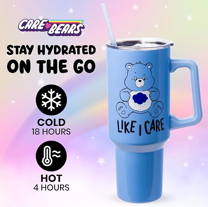 Silver Buffalo Care Bears Grumpy Bear Like I Care Double Walled Stainless Steel Tumbler with Handle and Straw, Fits in Standard Cup Holder, 40 Ounces
