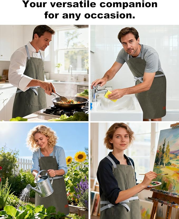 Chef Apron w/Pockets, Adjustable Strap for Cooking & Gardening | Equipped with 3 Large Multi-use Pockets, Wear-Resistant Fabric, Easy Clean, Ideal for BBQ Baking Craft for Men Women - Image 6