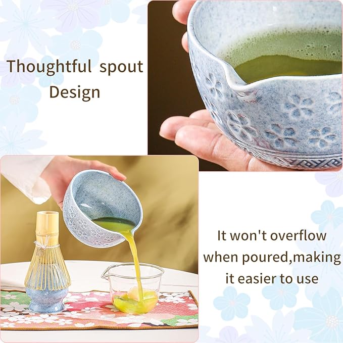 8-Piece Matcha Ceremony Set - Tea Kit with Cherry Blossom Bowl, Bamboo Whisk, Wood Scoops, Tea Cloth & Floral Display - Gift-Ready Pink Cherry color box (blue)