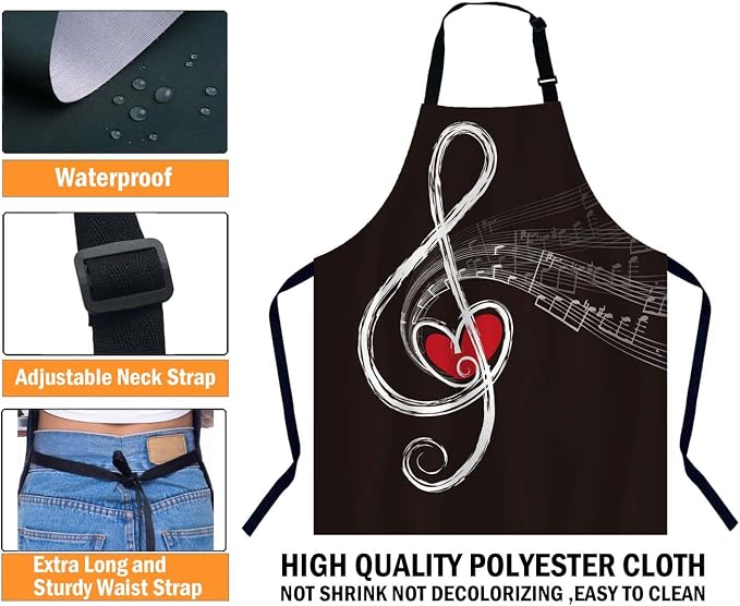 Music Notes with red heart Kitchen Apron for Women Men, Adjustable Apron Chef Bakers Apron Cooking Apron Cooking Baking Gardening, 31 X 27 Inch - Image 3