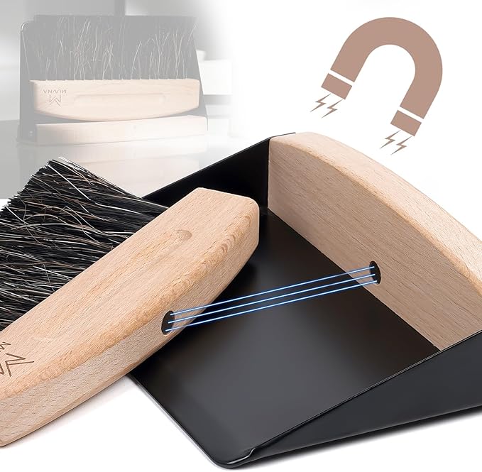 Coffee Brush and Dust Pan Set - Mini Hand Barista Broom, Magnetic Natural Horsehair Espresso Brush, Wood Barista Tools for Cleaning Tamping Station, Coffee Bar, Kitchen, Black