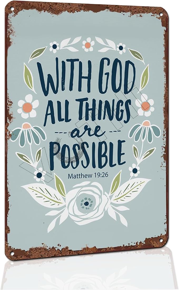 With God All Things Are Possible” Religious Metal Tin Sign - Inspirational Faith Wall Decor for Home, Church, Office - Vintage Style 8x12 Inch by VOTHI