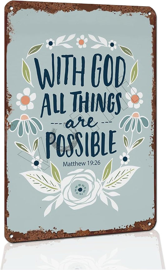 With God All Things Are Possible” Religious Metal Tin Sign - Inspirational Faith Wall Decor for Home, Church, Office - Vintage Style 8x12 Inch by VOTHI