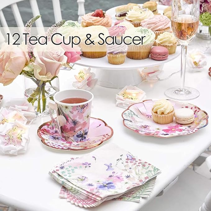 12 x Pretty Pink Floral Paper Tea Cups & Saucer Set | Mother's Day Table Party Decorations | Disposable Tableware For Birthday, Garden Party, Afternoon Tea, Bridal or Baby Shower, Wedding