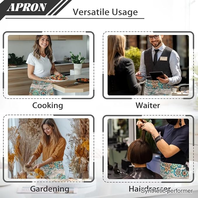 Waist Apron with 3 Pockets Waterproof 13 Inch Short Half Waist Aprons Women Men Server Aprons Waitress Waiter Apron - Image 5