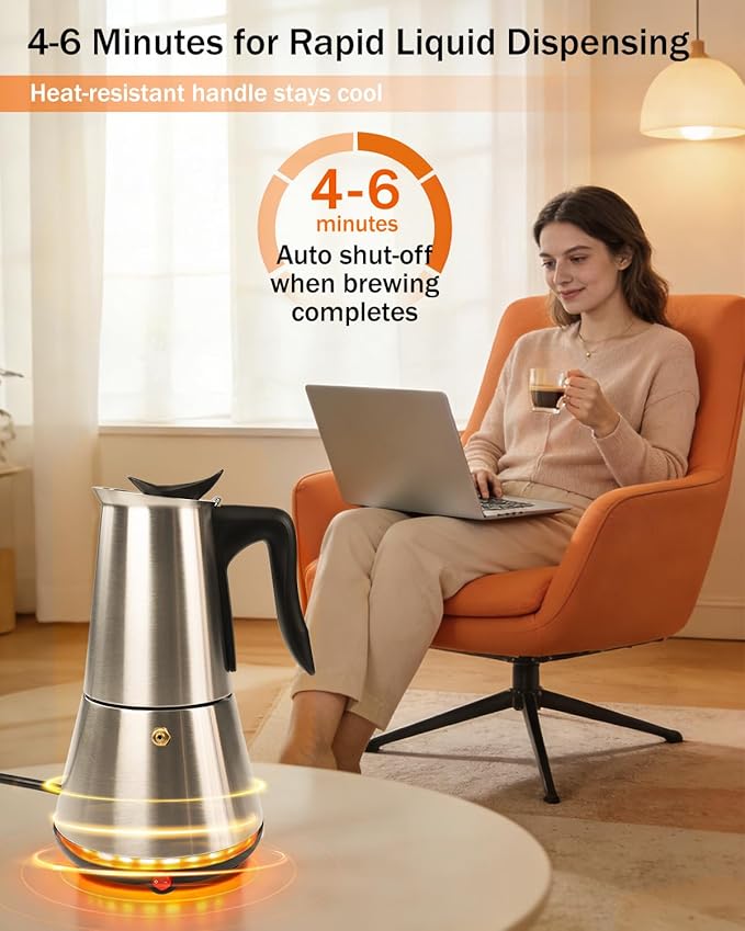 Electric Moka Pot with Detachable Base Stainless Steel Espresso Maker 10oz 6 Cup 300ml Silver Italian Coffee Maker for Kitchen Home 110V
