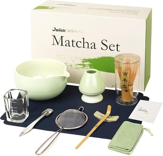 Matcha Whisk Set, Matcha Kit 10-Pcs, Bamboo Whisk and Ceramic Bowl with Spout & Measuring Spoon & Cup, Japanese Ceremony Matcha Tea Powder Making Tools, Light Green