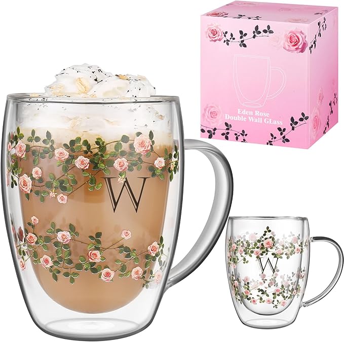 Initial Glass Cup for Women, 12oz Rose Double Walled Glass Coffee Mugs, Personalized Gifts for Women, Initial Coffee Tea Mug with Scarf, Birthday Wedding Gifts for Her Mom Teacher (ROSE-W)