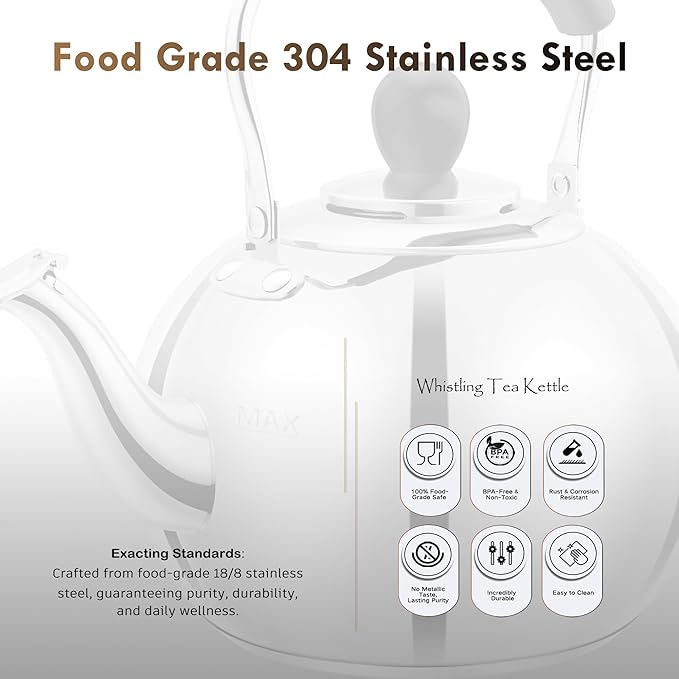 Stovetop Tea Kettle - 2.0 Quart Round Tea Pot for Stovetop, Whistle Alert, Mirror Polished Classic Water Kettle, Food Grade Material Teapot for Stove Top, Compatible with Gas & Electric Coil Stovetop