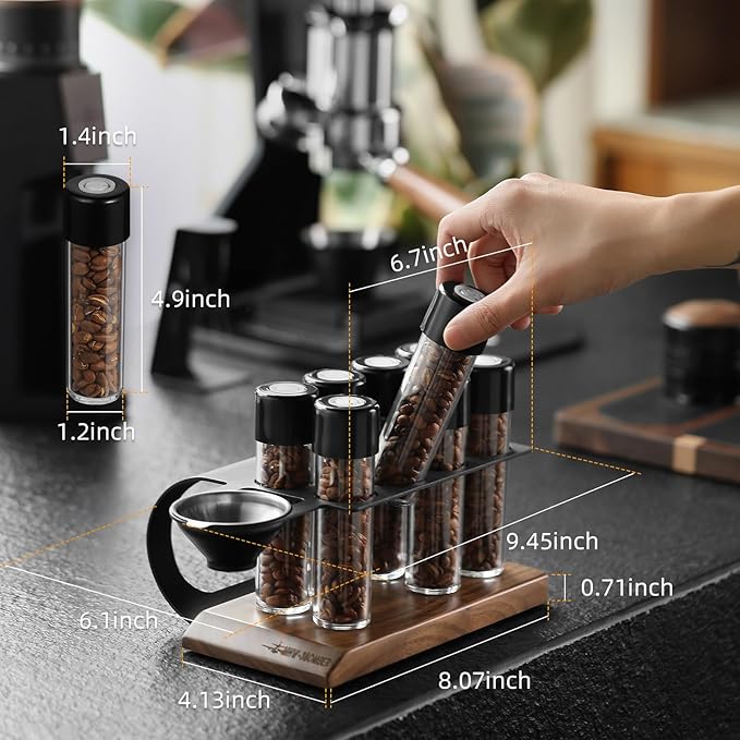 MHW-3BOMBER Single Dose Coffee Bean Storage Tubes, 8 pcs, Coffee Bean Cellars with One-Way Exhaust Valve,Espresso Dosing Vials with Walnut Stand & Hopper, C5152-OS