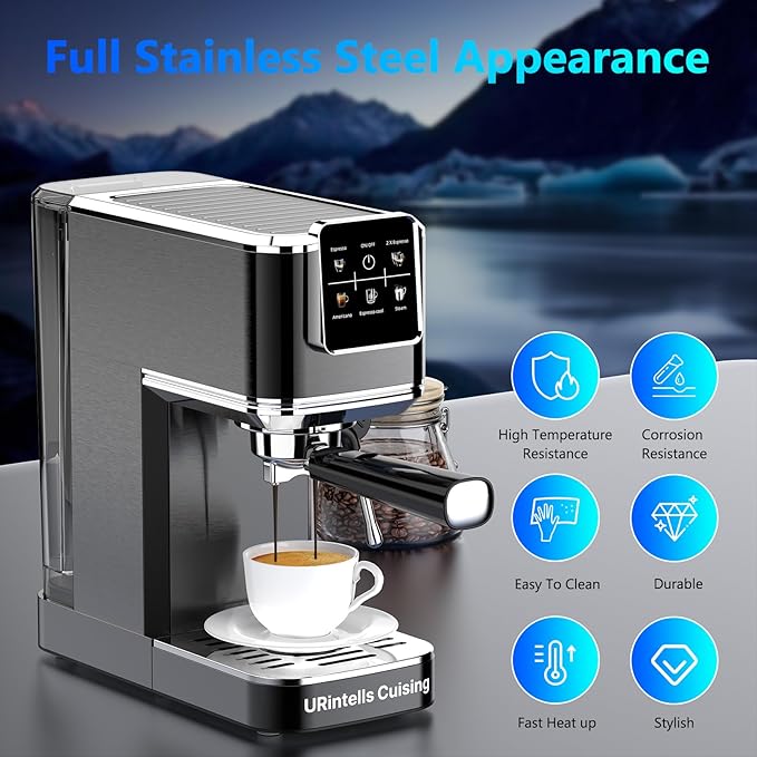 Espresso Machine 20 Bar,Touch Screen Espresso Maker with Steam Milk Frother,Stainless Steel Expresso Coffee Machine for Cappuccino Latte Cold Brew,1350W Fast Heat Up System,Black