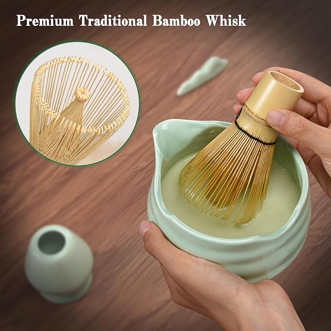 Matcha Whisk Set: 7 Pcs Ceramic Matcha Set with Bowl, Whisk, Holder, Scoop, Sifter, Rest & Towel – Japanese Matcha Kit Gift (Green)