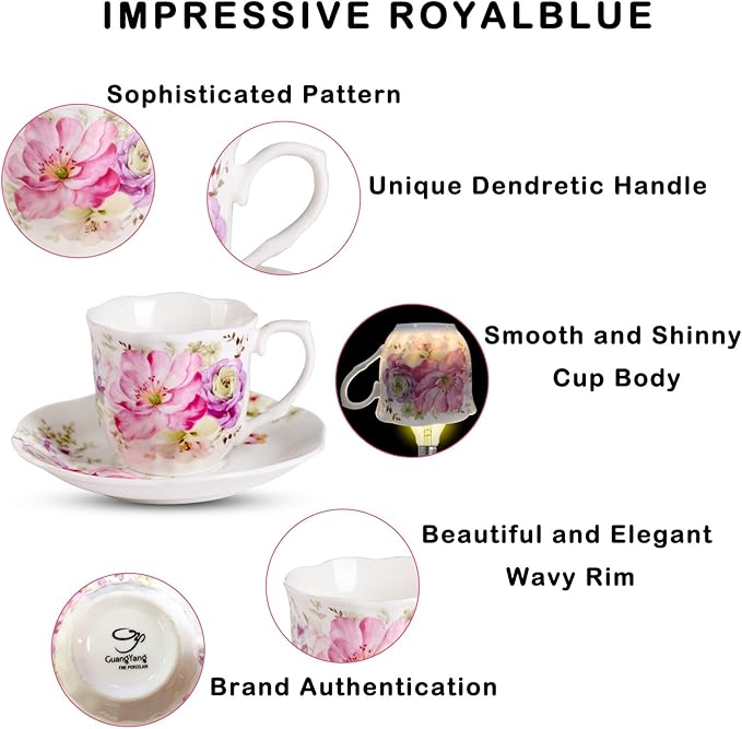 GuangYang 12 Pieces (Tiny Style) Espresso Cups and Saucers，2.5 ounce/80ml，Set of 6,Mini Premium Porcelain Coffee Cup Set, Fancy Flower Pattern Design