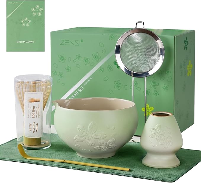 ZENS Matcha Whisk Set, Matcha Kit Set, Matcha Bowl with Spout, Bamboo Whisk & Scoop, Chasen Holder, 304 Sifter & Tea Mat, 6pcs Japaness Matcha Kit for Matcha Lovers, Birthday Gift, Pale Green