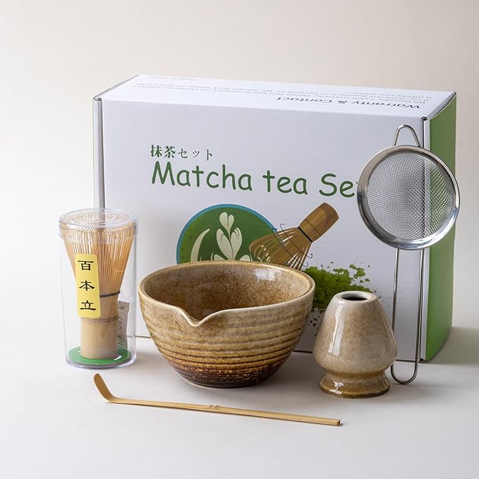 Traditional Matcha Tea Ceremony Set with Ceramic Bowl, Bamboo Whisk, Stand and Strainer, 5-Piece (yellow)
